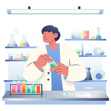 A scientist with light skin and short black hair is standing in a modern laboratory. She is wearing a white lab coat over a blue blouse. The scientist is holding a test tube filled with vibrant, swirling liquids of red, green, and blue colors. On the stainless steel table, there are several other test tubes in a rack, showcasing a variety of colorful liquids. In the background, there are shelves filled with glass beakers and scientific equipment. A bright overhead light illuminates the workspace, creating reflections on the smooth surfaces.