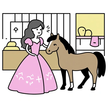 A princess, wearing a flowing pink gown adorned with delicate patterns, is standing in a royal stable. She has long, wavy hair cascading down her back. She is gently brushing the mane of a pony, which has a shiny chestnut coat. The stable has wooden walls and is filled with soft straw underfoot. Light filters in through a window, illuminating the scene. A few hay bales are stacked in the corner, and a saddle is hanging on a nearby wall.