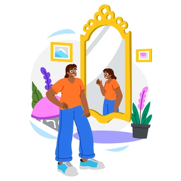 A person stands in front of a large, ornate mirror with an intricately carved frame. The mirror reflects a warped and distorted version of the person, exaggerating features such as a frown and drooped shoulders. The background is a softly lit room, accented by gentle shadows to enhance the mood. The person is dressed in casual clothing, and their expression shows a mix of contemplation and concern. Surrounding the mirror, decorative elements like plants and framed pictures add to the environment.