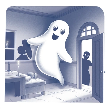 A ghost with a rounded, puffy shape and exaggerated facial features is floating in an old, dilapidated house. The ghost has large, friendly eyes and a playful smile, giving it a whimsical appearance. It is surrounded by cobwebs and dusty furniture, with a flickering candle on a table nearby. Shadows are cast on the walls, creating a mysterious atmosphere. In the background, darkened doorways and broken windows hint at the haunted nature of the house. Curious visitors, depicted as silhouettes, are peeking around corners and glancing at the ghost with expressions of surprise and intrigue.
