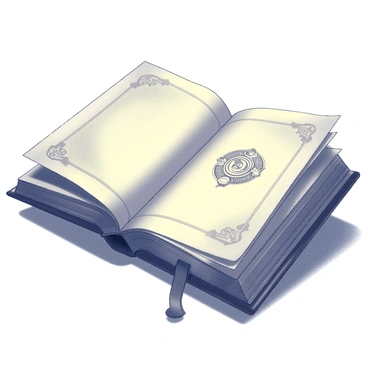 An ancient book lays open on a wooden table, its pages slightly yellowed and worn with age. The book features thick, textured covers adorned with intricate designs. One particular page is visible, showcasing a strange emblem at its center. The emblem consists of swirling patterns and geometric shapes, and it emits a faint glow. Shadows from nearby objects cast gentle patterns across the pages, enhancing the mysterious atmosphere of the scene.