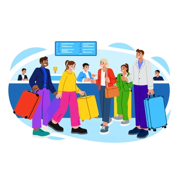 A group of travelers standing at an airport check-in counter with bright smiles on their faces. Each traveler is holding colorful luggage, including a red suitcase, a blue backpack, and a yellow duffle bag. The check-in counter is bustling with activity, featuring a digital display board in the background showing flight information. There are also airport staff behind the counter assisting the travelers. The scene is filled with vibrant colors, highlighting the excitement and anticipation of the journey ahead.