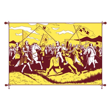 A yellow tapestry displays a medieval battle scene filled with knights in shining armor, each wielding swords and shields. The knights are engaged in fierce combat on a grassy battlefield, with some riding on powerful horses. Colorful banners with intricate designs flutter above them, showcasing their respective factions. In the background, a dramatic sky can be seen, adding to the intensity of the scene. The tapestry is rich in detail, capturing the chaos and valor of battle.