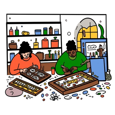 Artisans with light skin and dark hair are working diligently in a bright workshop filled with wood shavings and tools. One artisan is carefully carving intricate designs into a wooden backgammon board, while another is applying a glossy finish to a completed board. The workshop has shelves lined with various tools and materials, and sunlight streams through a window, illuminating the detailed craftsmanship of the backgammon boards. Each board features unique patterns and vibrant colors, showcasing the skill and dedication of the artisans.
