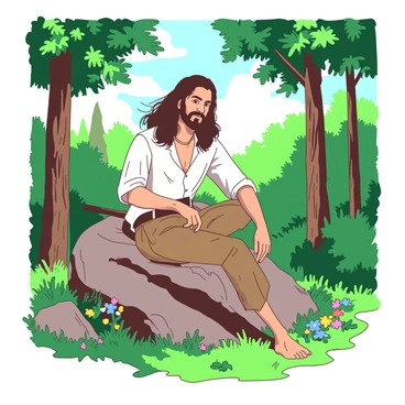 Gabbar Singh is sitting on a large rock in a lush green forest. He is wearing his iconic outfit, which consists of khaki pants and a shirt. His long hair is flowing freely in the gentle breeze. Surrounding him are tall trees with thick trunks and vibrant green leaves. The sun is filtering through the branches, casting beautiful light patterns on the ground. Gabbar is holding a rustic wooden stick in his hand, resting it on his knee. There are colorful wildflowers blooming around the rock, adding splashes of color to the scene.