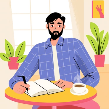 A handsome journalist with a neatly trimmed beard is sitting at a round wooden café table. He is wearing a stylish blue plaid shirt and has a focused expression on his face. In front of him, there is an open notebook on the table, along with a black fountain pen poised in his right hand. A steaming cup of coffee rests beside the notebook, and sunlight filters through a nearby window, casting soft shadows across the table. The café has a cozy atmosphere, with potted plants and colorful artwork adorning the walls.