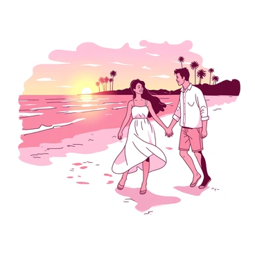A couple is walking hand in hand along a beach at sunset. The sky is filled with soft, blended hues creating a warm atmosphere. The couple has their feet in the wet sand, and small waves gently lap at their ankles. The woman is wearing a flowing white sundress that sways with the breeze, while the man is dressed in casual shorts and a light-colored shirt. In the background, there are silhouettes of distant palm trees standing against the golden and pink sky. The couple is sharing a joyful moment, gazing into each other's eyes.
