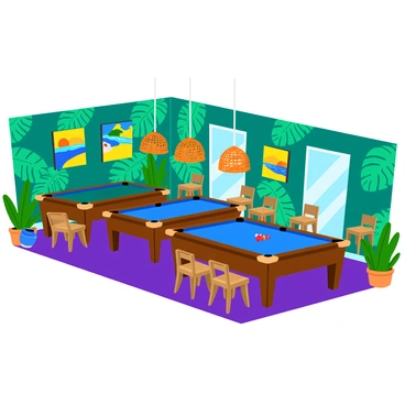 A billiard bar featuring vibrant tropical decorations. The walls are adorned with large palm leaf patterns, showcasing shades of green. Several wooden billiard tables are placed throughout the bar, each with a bright blue felt surface and polished wooden edges. Colorful tropical-themed artwork hangs on the walls, depicting scenes of beaches and sunsets. Bar stools with woven seats in natural tones surround the tables, and overhead, hanging light fixtures made of woven palm fronds cast a warm glow. A few potted tropical plants are scattered around the bar, adding to the lively atmosphere.
