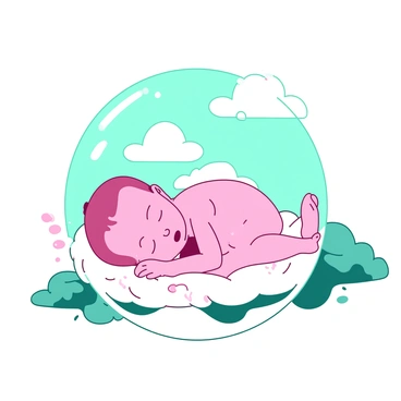 A delicate pink baby is curled up in a transparent protective bubble. The bubble is gently illuminated, creating a soft glow around the baby. The surroundings are filled with a calming teal light, suggesting a serene and tranquil atmosphere. Wisps of teal and pink clouds float around the bubble, enhancing the peacefulness of the scene. The baby has tiny fingers and a peaceful expression, nestled comfortably within the bubble.