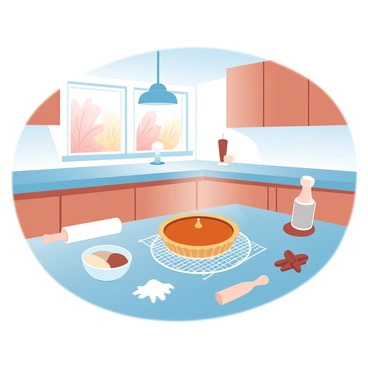 A spacious kitchen with wooden cabinets and a central island. On the counter, a freshly baked pumpkin pie is cooling on a wire rack, surrounded by small bowls filled with spices like cinnamon, nutmeg, and ginger. The warm light from a hanging pendant lamp casts a cozy glow over the scene. A rolling pin and flour are scattered on the countertop, adding a sense of warmth and homeliness. In the background, a window reveals a glimpse of autumn foliage outside.