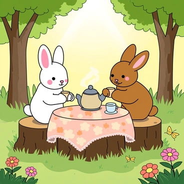 Two fluffy bunnies, one with white fur and pink ears and the other with brown fur and floppy ears, are sitting at a small, makeshift table made of tree stumps. The table is adorned with a pastel-colored tablecloth featuring floral patterns. Each bunny holds a tiny teacup, and a teapot sits in the center of the table, pouring steam into the warm air. Surrounding them are vibrant wildflowers and green grass, illuminated by bright sunshine filtering through the trees above. A few butterflies flutter nearby, adding to the cheerful atmosphere of the tea party.