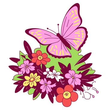 A pink butterfly with intricate wings patterned like the "yellow wallpaper" is fluttering gracefully over a bed of vibrant flowers in a whimsical garden. The butterfly's wings feature a repeating geometric design in yellow, reminiscent of the wallpaper's unique style. Surrounding the butterfly, there are various colorful flowers in hues of red and orange, creating a lively backdrop. The garden is lush with greenery, and soft sunlight filters through the leaves, casting playful shadows across the scene.