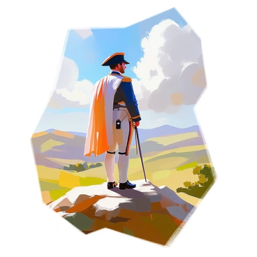 A man resembling Napoleon with a bicorn hat and a military uniform stands confidently on a green hilltop. He gazes into the distance, looking thoughtful as he envisions his future plans. The sky is bright with a few fluffy clouds, and the sunlight casts a soft glow on his figure. In the background, rolling hills and a valley can be seen, adding depth to the landscape. His posture is strong, and his expression reflects determination and ambition.