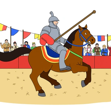 A medieval knight wearing a shining silver armor, complete with a helmet that has a plume on top. He is positioned on a majestic horse that is adorned with colorful cloth around its saddle. Instead of holding a traditional lance, the knight is gripping a large, bright red foam finger, proudly displaying the number one. The jousting arena is surrounded by excited spectators in period costumes, cheering and waving banners. The ground is covered with fresh straw, and colorful flags flutter in the breeze above the arena.