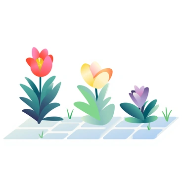 Three flowers with vibrant colors are blooming in a straight line along a garden path. The first flower on the left has bright red petals with a golden center, standing tall above deep green leaves. The second flower in the middle is a sunny yellow bloom, its soft petals gently unfolding, surrounded by lighter green foliage. The third flower on the right features delicate purple petals with a hint of white at the edges, nestled among darker green leaves. The path beneath them is made of smooth stones, and there are small patches of grass on either side, adding to the garden's natural beauty.