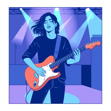 A blue musician with a focused expression is passionately playing an orange electric guitar on a brightly lit stage. Bright lights illuminate the musician from above, creating a vibrant atmosphere. The musician is wearing a fitted black shirt and jeans, and their hair is flowing as they immerse themselves in the performance. Behind them, colorful stage lights cast a dynamic glow, enhancing the energy of the scene.