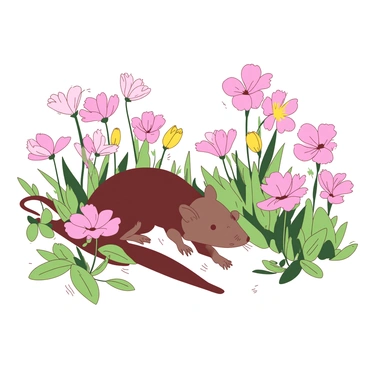 A teal shrew is frolicking among various wildflowers in a sunny meadow. The wildflowers are in vibrant shades of pink and yellow, creating a lush and colorful environment. The shrew is playfully darting between the flowers, with its tiny paws touching the vibrant petals. The sunlight casts delicate shadows on the ground, highlighting the lively scene.
