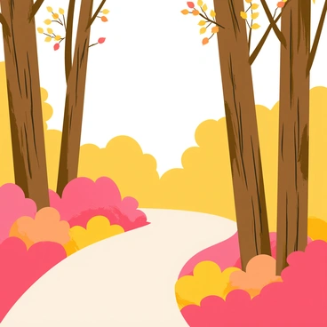 A forest path winding through trees with trunks covered in textured brown bark. The ground is blanketed with vibrant autumn leaves in shades of red, orange, and yellow. Light filters through the canopy, creating dappled shadows on the path. Small gusts of wind cause some leaves to flutter gently. In the background, branches sway slightly, adding a sense of movement to the scene.