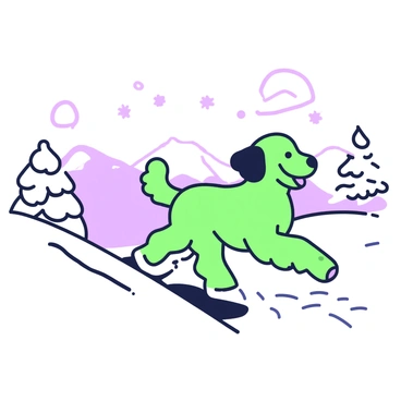 A labradoodle with a fluffy coat is running energetically down a snowy hill. The dog's ears are flapping in the wind, and its tongue is out, showcasing a joyful expression. The snowy landscape features gentle slopes and a few scattered snowflakes in the air. In the background, there are sparse trees dusted with snow, enhancing the winter scene. The labradoodle's paws are kicking up snow as it races downhill, leaving a light trail behind.