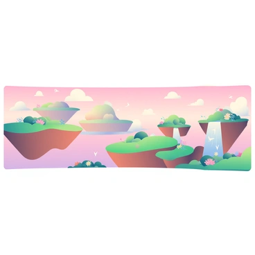 A panoramic view of a dreamy landscape filled with floating islands of various sizes and shapes. Each island has a mix of lush green vegetation and colorful flowers. The sky is painted in soft shades of pink, transitioning to lighter hues near the horizon. Wispy clouds drift lazily across the scene, adding softness to the atmosphere. In the distance, a gentle waterfall cascades from one of the islands, creating a mist that sparkles in the warm light. A few delicate birds are seen soaring between the islands, enhancing the tranquil ambiance of the landscape.