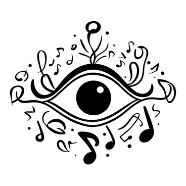 An intricate illustration of an "eye" at the center, with "music notes" flowing gracefully from its "pupil." The music notes trail off in various directions, creating a sense of movement. Surrounding the eye, ornate patterns enhance the composition, adding depth and complexity. The overall image is designed to capture the harmonious relationship between sight and sound.