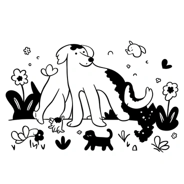 A large dog with a shaggy coat standing in a sunny garden, appearing uneasy as it watches a group of tiny, playful kittens. The dog is positioned with a lowered stance, and its ears are perked up, indicating its apprehension. The kittens are frolicking around the dog, some playfully pouncing on blades of grass, while others chase after fluttering butterflies. Vibrant flowers are blooming in the garden, adding to the lively atmosphere, and there are scattered patches of sunlight illuminating the scene.