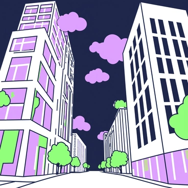 The perspective from the ground shows a view looking up at towering city buildings that reach towards the night sky. The buildings are characterized by large windows reflecting light, creating a striking contrast against the dark backdrop. The structures vary in height and design, some with angular edges and others with smooth curves. Above the buildings, the sky is filled with scattered clouds, partially illuminated by the glow of city lights. Streetlights line the pavement, casting subtle shadows and enhancing the nighttime atmosphere. The scene captures a sense of verticality and urban scale, emphasizing the grandeur of the architecture above.