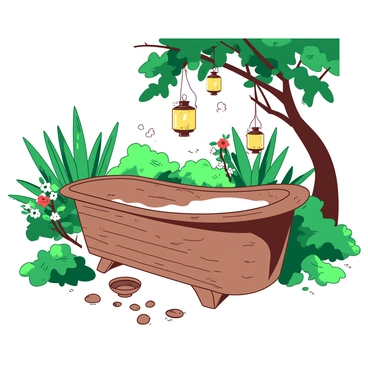 A wooden bathtub set in a serene outdoor garden with hanging lanterns