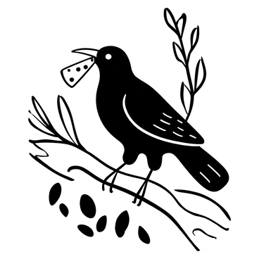 A crow perched on a branch, holding a piece of cheese in its beak. The branch is sturdy and textured, with rough bark. Below the branch, there are scattered leaves that add depth to the scene. The crow's feathers are detailed, showcasing the distinct feather patterns. The cheese is a contrasting shape, clearly visible in the crow's beak. The background consists of additional branches and foliage, creating a natural setting.