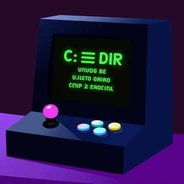 An arcade machine with a retro DOS theme, featuring a black matte casing and vibrant neon buttons. On the screen, "C:\>DIR" is displayed in bright green pixelated text, along with a list of classic game titles below it. The machine is positioned in a dimly lit arcade, with colorful lights reflecting off its surface. A joystick and a set of buttons are visible in front, each illuminated with a different color.