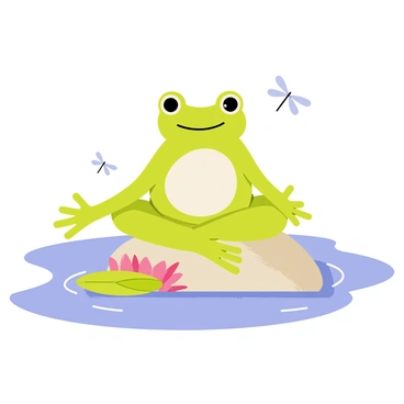 A green frog with large eyes is sitting in a yoga pose on a tranquil pond. The frog is perched on a smooth rock surrounded by gentle ripples in the water. Lily pads with pink flowers float nearby, and the surface of the pond reflects the clear blue sky above. Delicate dragonflies flit around, adding to the calm atmosphere. The frog's posture is serene, with its legs crossed and hands resting on its knees, exuding a sense of peace.