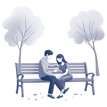 Two people sitting on a spacious bench in a park. One person is slightly leaning towards the other, offering a supportive gesture by placing a hand gently on the shoulder of the person next to them. The individual being comforted has a slightly bowed head, indicating vulnerability. The scene is framed by large leafy trees in the background, and a soft breeze is rustling the leaves. The ground is scattered with fallen leaves, adding to the setting's atmosphere of tranquility and connection.