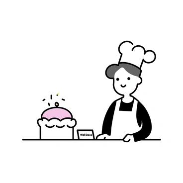 A baker, dressed in a white apron and a chef's hat, stands beside a table. On the table, there is a perfectly frosted cake, smooth and domed, decorated with colorful sprinkles on top. Next to the cake, there is a small card that reads "Well Done." The baker has a pleased expression, looking at the cake with pride. The background is simple and uncluttered, emphasizing the cake and the card.