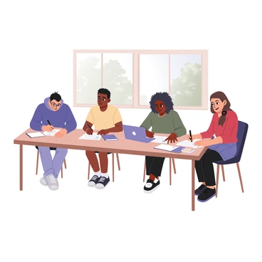A digital flat illustration depicting a group of four students sitting at a long table, each focused on filling out detailed questionnaires. The first student on the left has light skin, glasses, and is wearing a blue hoodie and jeans. The second student, with medium skin and curly black hair, is wearing a yellow t-shirt and shorts. The third student has dark skin and is dressed in a green sweater and black pants, while the fourth student, with tan skin and long straight brown hair, is in a red blouse and denim skirt. Each student is holding a pen and looking down at their questionnaires, which are filled with text and checkboxes. On the table, there are notebooks, a laptop, and a stack of completed questionnaires. A large window in the background reveals a view of trees outside, providing a sense of daylight.