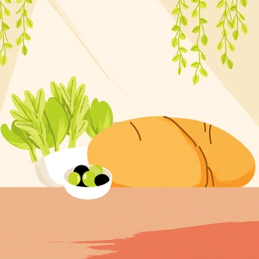 A Mediterranean kitchen scene featuring a wooden table with a rustic design. On the table, there is a vibrant bunch of fresh green fennel with feathery fronds. Next to the fennel, there is a small bowl filled with glossy black and green olives. A large, crusty loaf of bread, with a golden-brown crust and a textured surface, is placed prominently on the table. The background includes warm-toned walls and hanging herbs, creating an inviting atmosphere.