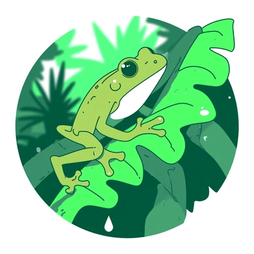 A green tree frog with large, round eyes is clinging to a large, vibrant green leaf in the heart of a lush rainforest. The frog's sticky feet are wrapped securely around the leaf, showcasing its unique adaptation for climbing. Around the frog, there are droplets of water glistening on the leaf, indicating the recent rainfall. In the background, blurred shapes of various tropical plants and trees create a dense, green environment, further establishing the rainforest setting.