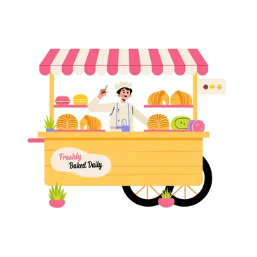 A quaint bakery vendor with a wooden cart is showcasing a variety of freshly baked pastries. The cart has a bright red and white striped awning and displays an assortment of golden-brown croissants, flaky danishes, and colorful macarons arranged neatly on tiered trays. The vendor is a cheerful character wearing a white apron and a baker's hat, smiling as they point towards the pastries. Brightly colored napkins and small decorative plants are placed around the cart, enhancing the inviting atmosphere. A sign behind the vendor reads "Freshly Baked Daily" in playful lettering.