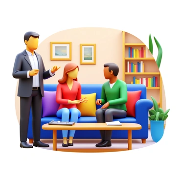 A relationship coach standing next to a couple, engaging in discussion about communication techniques. The coach is a middle-aged individual with short hair, wearing a professional outfit. The couple consists of a man and a woman, both sitting on a comfortable couch, actively listening. The room is cozy, featuring warm lighting, a bookshelf filled with books, and soft cushions. There are decorative plants in the background and a coffee table with a notepad and a pen placed on it. The coach is gesturing with one hand, emphasizing a point while the couple appears attentive and involved in the conversation.