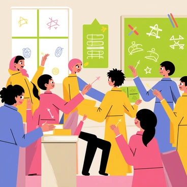A classroom in a cartoon wizard school filled with students. The students are dressed in colorful wizard robes and casting spells with wands. Some are focused on their wands, while others look excited or surprised. Floating books hover around the room, glowing with magical energy. A large chalkboard is filled with colorful chalk drawings of spells and magical symbols. The atmosphere is lively and filled with a sense of wonder and adventure.
