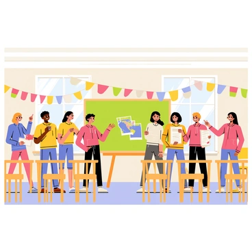 A classroom filled with wooden desks and colorful chairs. On the walls, there are vibrant flags from various countries hanging, each flag representing a different culture. In the center of the room, a group of diverse students stands in front of a chalkboard. Each student holds visual aids, such as posters and maps, while taking turns presenting cultural facts about their assigned country. The students display a range of expressions, some smiling, others concentrating, as they engage with their classmates. Bright sunlight streams in through large windows, illuminating the classroom.