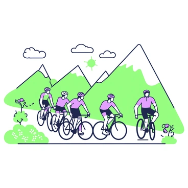 A group of cyclists is riding along a winding path in Grenoble. The cyclists are dressed in colorful cycling jerseys and helmets, each bike featuring a different design. In the background, there are majestic mountains with sharp peaks, partially covered with green vegetation. The path is bordered by lush greenery and wildflowers, adding to the vibrancy of the scene. The sun is shining brightly, casting soft shadows on the ground. There are a few scattered clouds in the sky, and the overall composition captures a sense of movement and adventure among the cyclists.