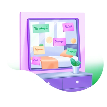 A modern pastel illustration showing a bedroom mirror decorated with colorful sticky notes. Each sticky note displays a positive affirmation in bold, handwritten-style letters, such as "You are enough" and "Stay positive." The mirror reflects soft natural light, and the walls of the bedroom are painted in a gentle pastel color. A cozy bed with a neatly arranged blanket and a few pillows is visible in the background, adding to the inviting atmosphere. A small potted plant sits on the dresser below the mirror, completing the scene.