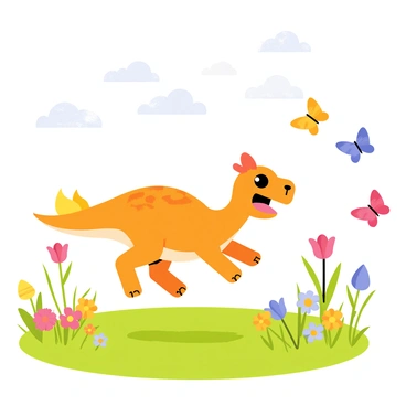 A playful scene featuring "Charmander," a small, orange dinosaur-like creature with a flame on its tail. "Charmander" is energetically chasing a swarm of colorful butterflies, which have vibrant wings in shades of blue, red, and yellow. The setting is a lush green meadow filled with various wildflowers in a multitude of colors. The sunlight shines down, creating a bright atmosphere, while fluffy white clouds float lazily in the blue sky. "Charmander" displays a joyful expression, with its mouth open in excitement as it leaps toward the butterflies.