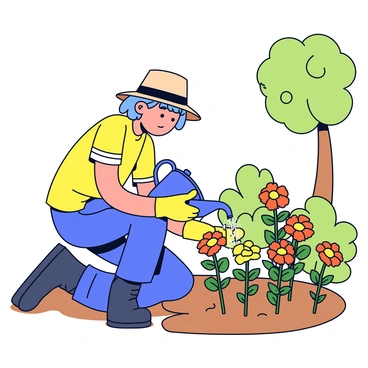 A gardener kneels down in a backyard garden, wearing a straw hat and gloves. The gardener is tending to several vibrant orange and yellow marigold plants, carefully watering them with a blue watering can. Surrounding the marigolds are green foliage and a soft brown soil that contrasts with the bright colors of the flowers. Sunlight filters through the leaves of nearby trees, casting gentle shadows on the garden floor.