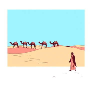 A lone figure is walking across a vast sandy desert under a clear blue sky. The wanderer is dressed in light, flowing fabric that billows in the gentle wind. In the distance, a caravan of camels can be seen, their silhouettes outlined against the horizon. The camels are walking in a line, each one carrying traditional colorful saddlebags. The sand is rippled and appears warm under the bright sunlight, emphasizing the vastness of the landscape.