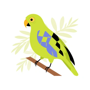 A parrot with vibrant green and blue feathers arranged in a kaleidoscope of geometric forms is perched on a wooden branch. The colors of the feathers blend into intricate patterns of triangles, squares, and circles, creating a striking visual display. The parrot has a curved beak and bright yellow accents around its eyes, adding more contrast to its colorful appearance. The background features soft, blurred tropical foliage, emphasizing the parrot's vivid plumage.