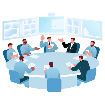 A prime minister is seated at a large, oval conference table in a situation room filled with high-tech screens displaying maps and data. The prime minister is dressed in a tailored suit, leaning forward as they engage in conversation. Surrounding the table are military advisors in uniforms, each holding documents and tablets. One advisor points at a map on the screen while another takes notes. There are various flags and insignia displayed in the room, adding to the official atmosphere. The walls are adorned with monitors showing real-time information and surveillance feeds.