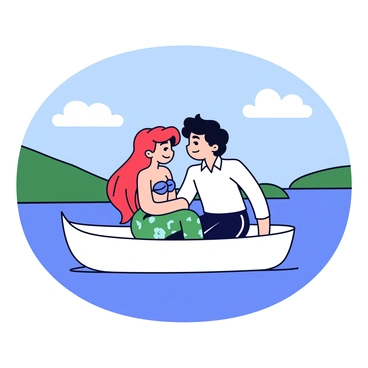 Ariel and Prince Eric are sitting close together in a small, white boat. Ariel has long red hair flowing down her back, and she is wearing a shimmering green tail. Prince Eric is dressed in a white shirt and dark blue trousers. They are gazing into each other's eyes, smiling softly. The boat is floating on calm waters that reflect the clear blue sky above. In the background, there are distant green hills and a few fluffy white clouds.