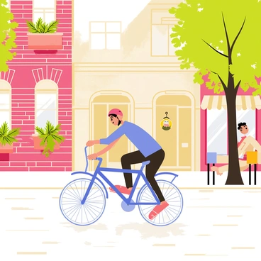 A person wearing a red helmet rides a blue bicycle down a charming cobblestone street. The street is lined with quaint brick buildings featuring colorful flower boxes under the windows. Sunlight filters through the leaves of trees that line the street, casting playful shadows on the cobblestones. In the background, a small café with outdoor seating is visible, adding to the lively atmosphere of the scene.