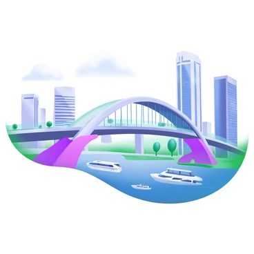 A futuristic bridge with sleek lines and innovative architecture crossing a busy urban river